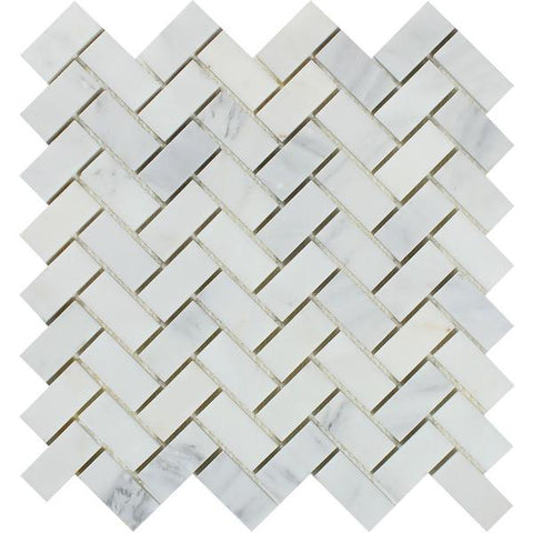1 x 2 Honed Oriental White Marble Herringbone Mosaic Tile