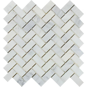1 x 2 Polished Oriental White Marble Herringbone Mosaic Tile
