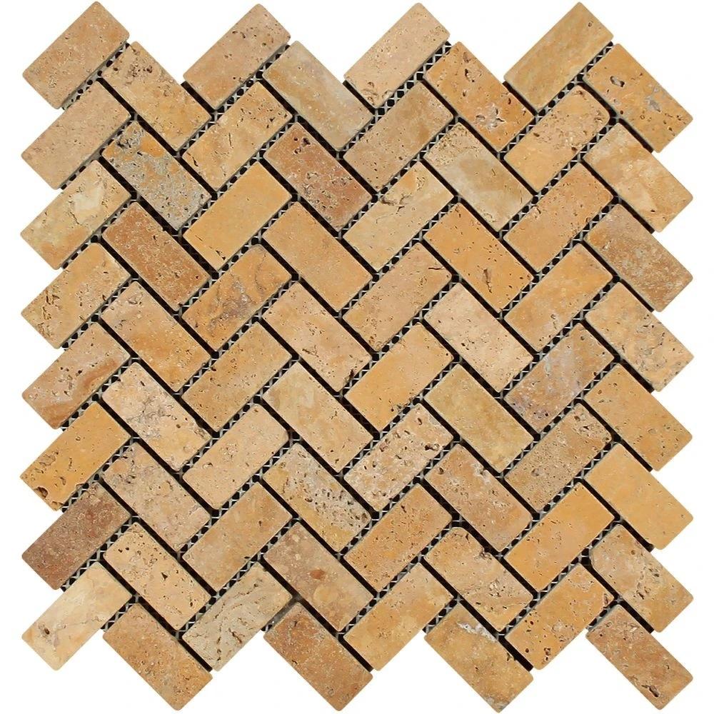 1 x 2 Tumbled Gold Travertine Herringbone Mosaic Tile