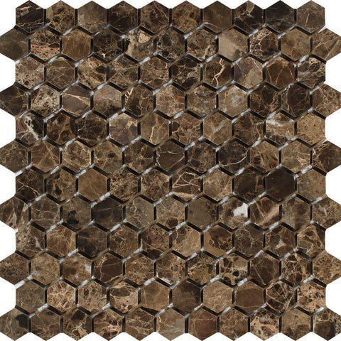 1 x 1 Polished Emperador Dark Marble Hexagon Mosaic Tile