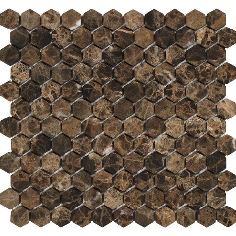1 x 1 Tumbled Emperador Dark Marble Hexagon Mosaic Tile