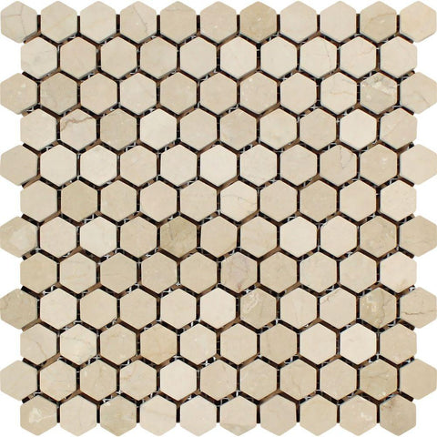 1 x 1 Tumbled Crema Marfil Marble Hexagon Mosaic Tile