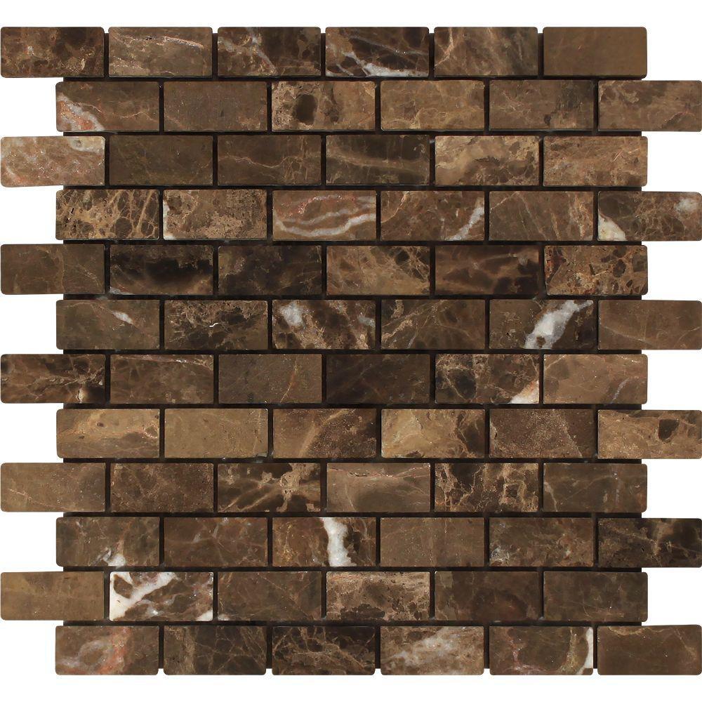 1 x 2 Tumbled Emperador Dark Marble Brick Mosaic Tile