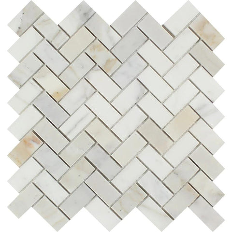 1 x 2 Polished Calacatta Gold Marble Herringbone Mosaic Tile
