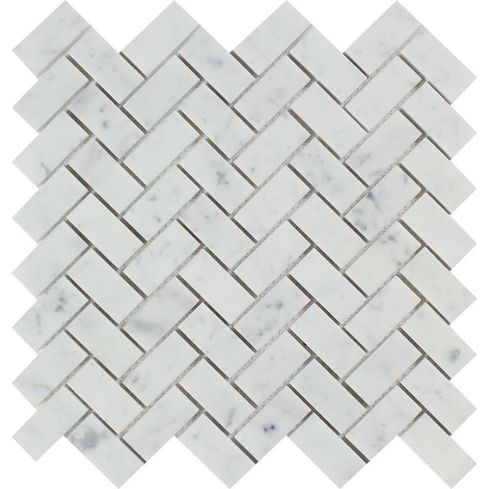 1 x 2 Polished Bianco Carrara Marble Herringbone Mosaic Tile