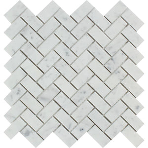 1 x 2 Polished Bianco Carrara Marble Herringbone Mosaic Tile