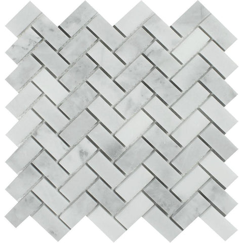 1 x 2 Polished Bianco Mare Marble Herringbone Mosaic Tile