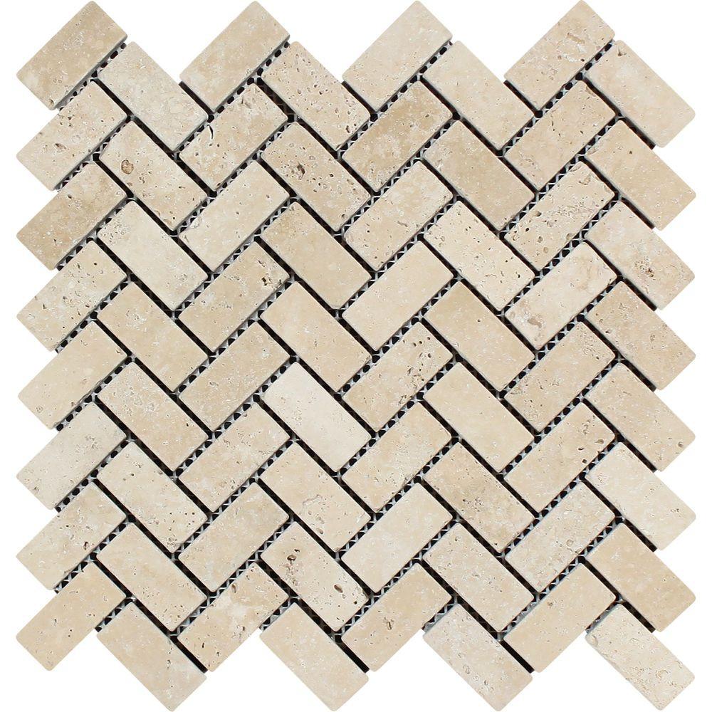 1 x 2 Tumbled Ivory Travertine Herringbone Mosaic Tile
