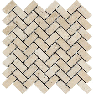1 x 2 Tumbled Ivory Travertine Herringbone Mosaic Tile
