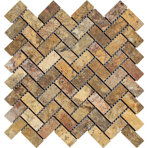 1 x 2 Tumbled Scabos Travertine Herringbone Mosaic Tile