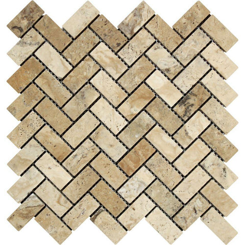 1 x 2 Tumbled Philadelphia Travertine Herringbone Mosaic Tile