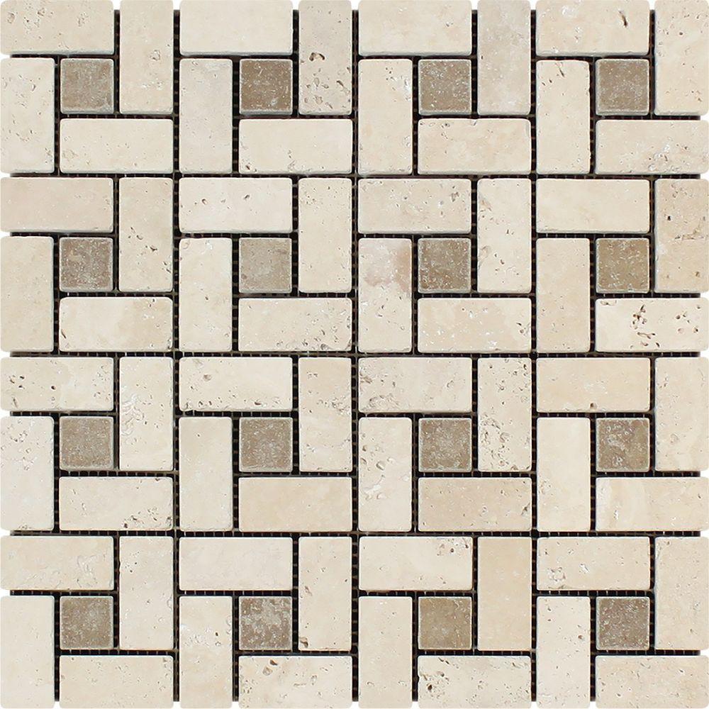 1 x 2 Tumbled Ivory Travertine Large Pinwheel Mosaic Tile w/ Noce Dots