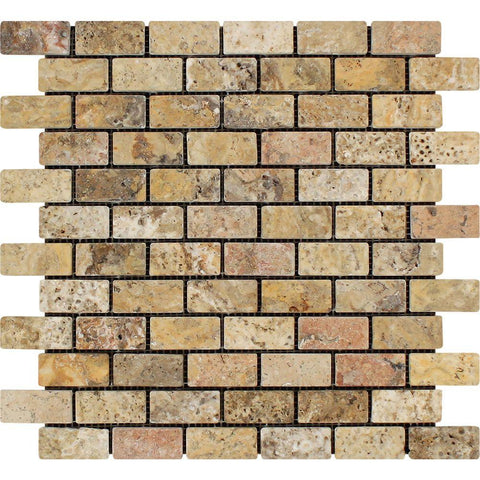 1 x 2 Tumbled Scabos Travertine Brick Mosaic Tile