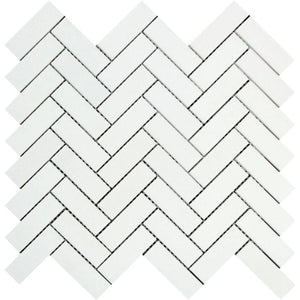 1 x 3 Polished Thassos White Marble Herringbone Mosaic Tile