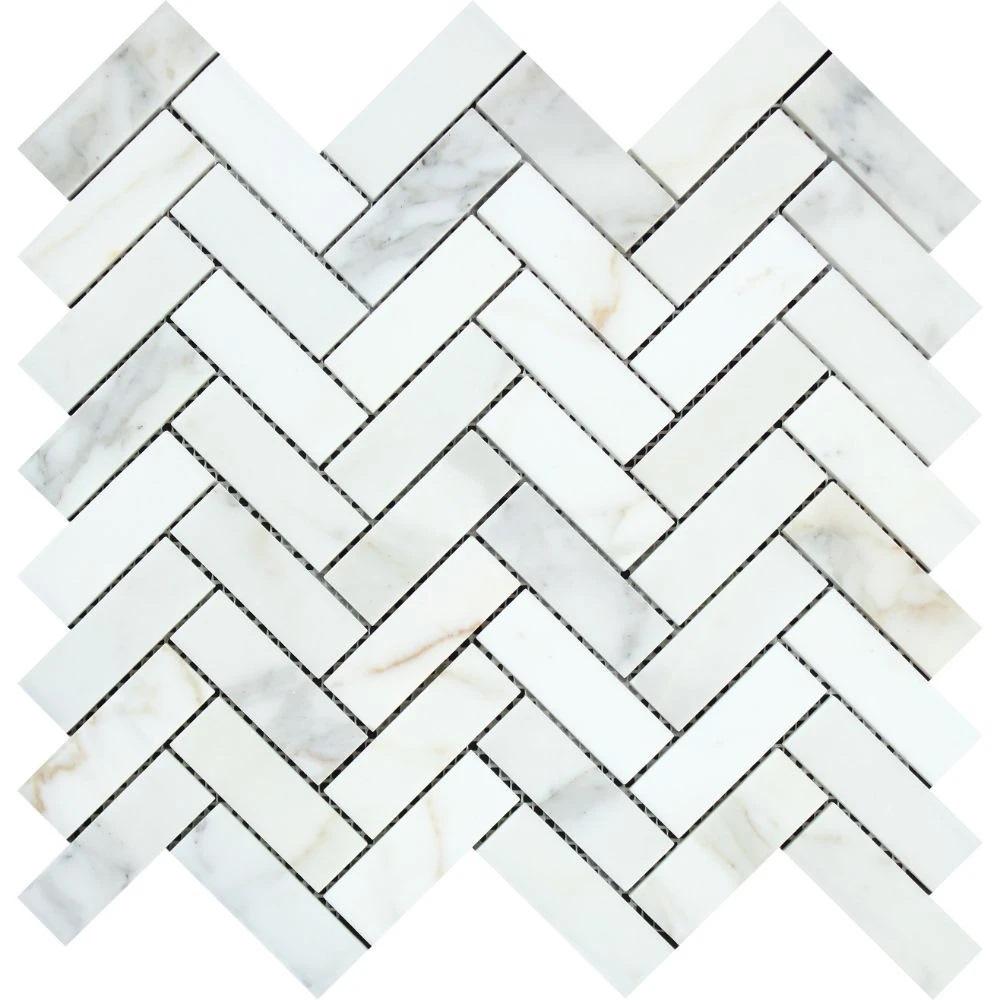 1 x 3 Polished Calacatta Gold Marble Herringbone Mosaic Tile