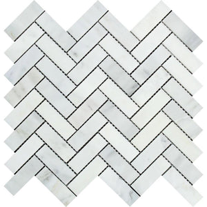 1 x 3 Polished Oriental White Marble Herringbone Mosaic Tile