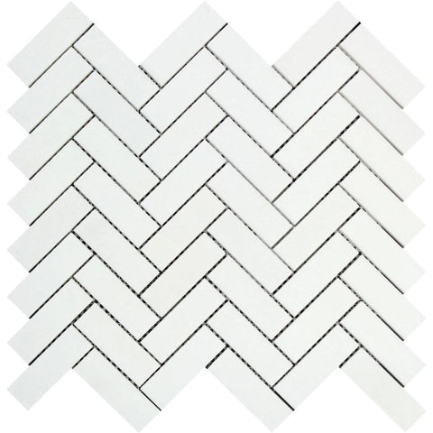 1 x 3 Polished Thassos White Marble Herringbone Mosaic Tile