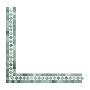 2 x 12 Honed Thassos White Marble BIAS Border w/ Ming Green Dots