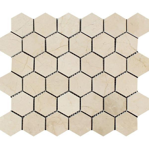 2 x 2 Polished Crema Marfil Marble Hexagon Mosaic Tile