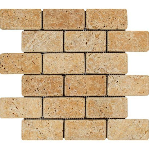 2 x 4 Tumbled Gold Travertine Brick Mosaic Tile
