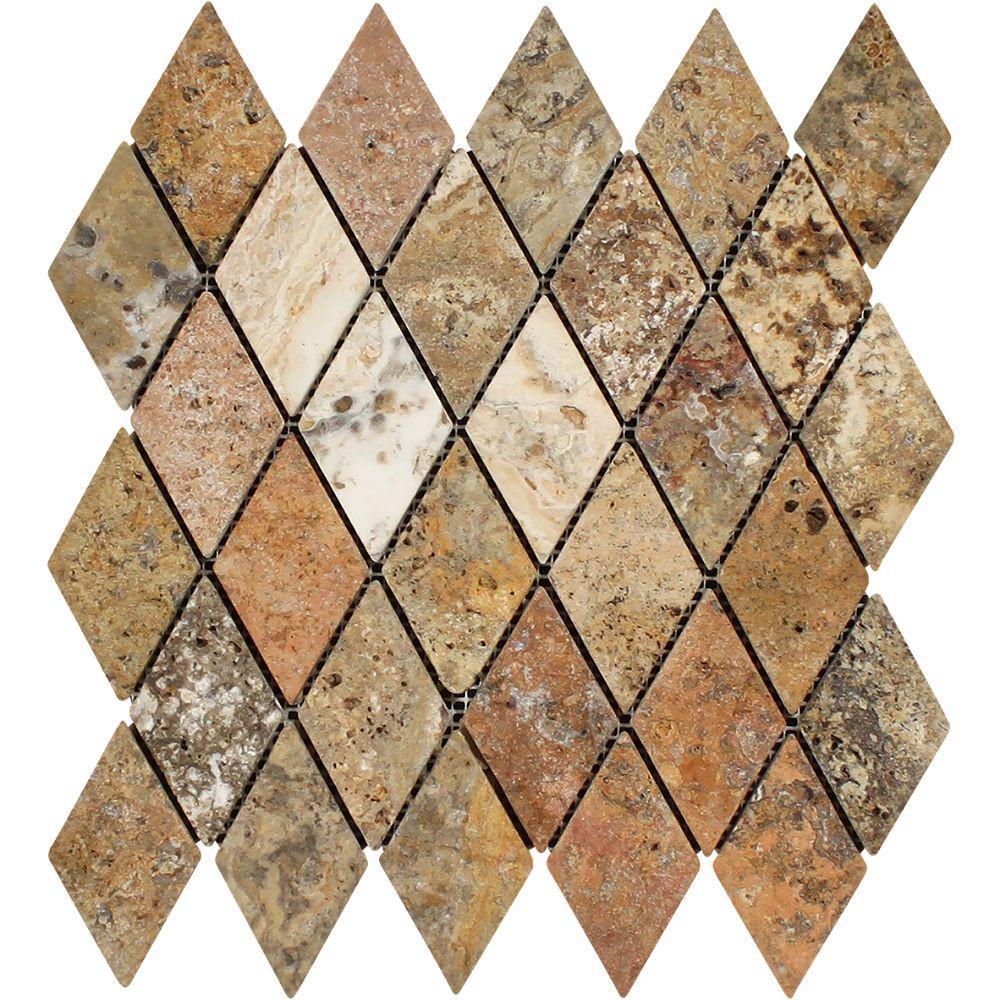 2 x 4 Tumbled Scabos Travertine Diamond Mosaic Tile