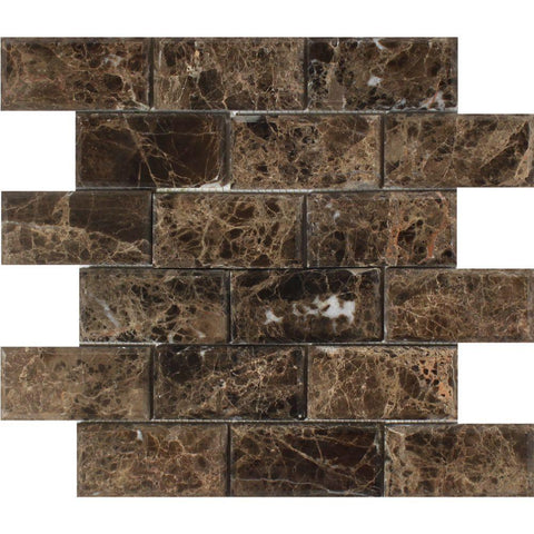 2 x 4 Polished Emperador Dark Marble Deep-Beveled Brick Mosaic Tile