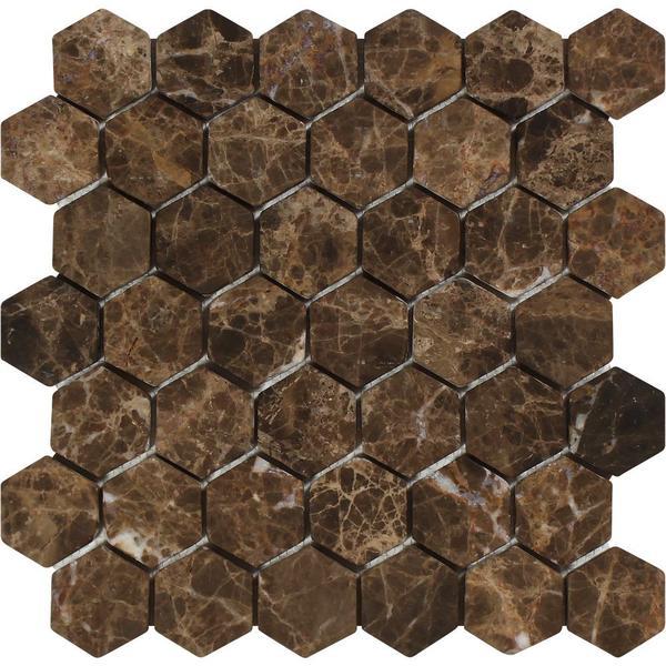 2 x 2 Tumbled Emperador Dark Marble Hexagon Mosaic Tile