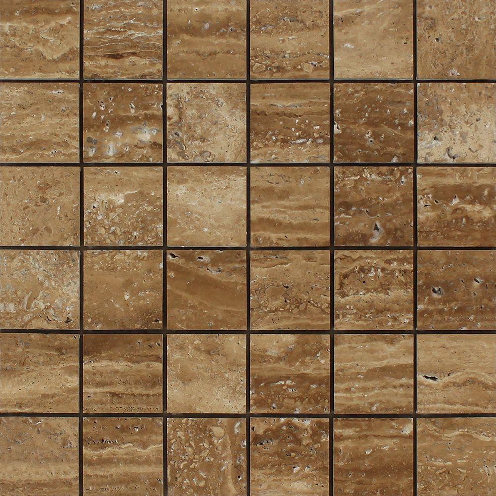 2 x 2 Unfilled Brushed Noce Exotic (Vein-Cut) Travertine Mosaic Tile