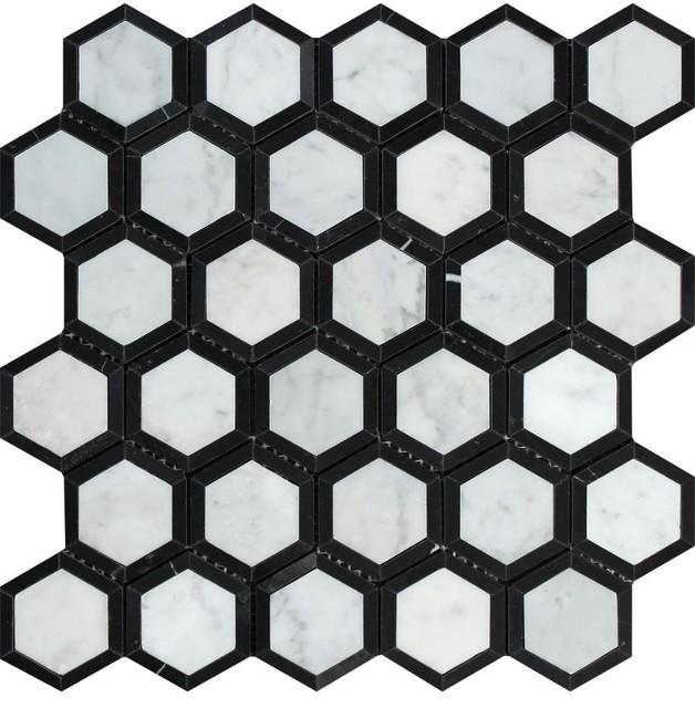 2 x 2 Honed Bianco Carrara Marble Vortex Hexagon Mosaic Tile (w/ Black)
