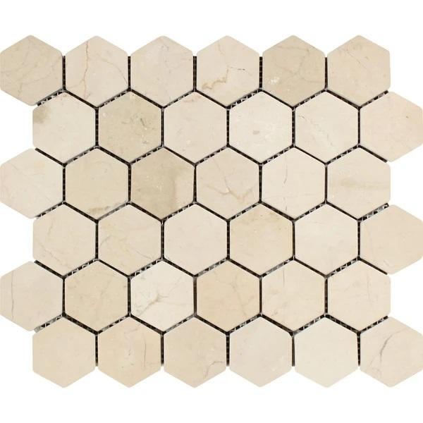 2 x 2 Tumbled Crema Marfil Marble Hexagon Mosaic Tile
