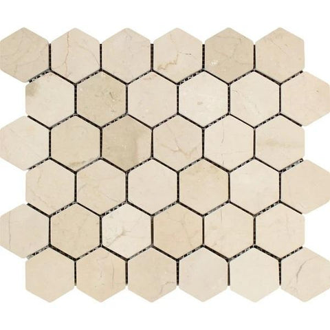 2 x 2 Tumbled Crema Marfil Marble Hexagon Mosaic Tile