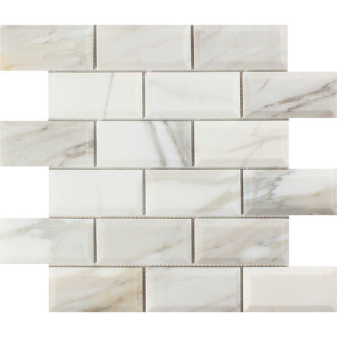 2 x 4 Honed Calacatta Gold Marble Deep-Beveled Brick Mosaic Tile