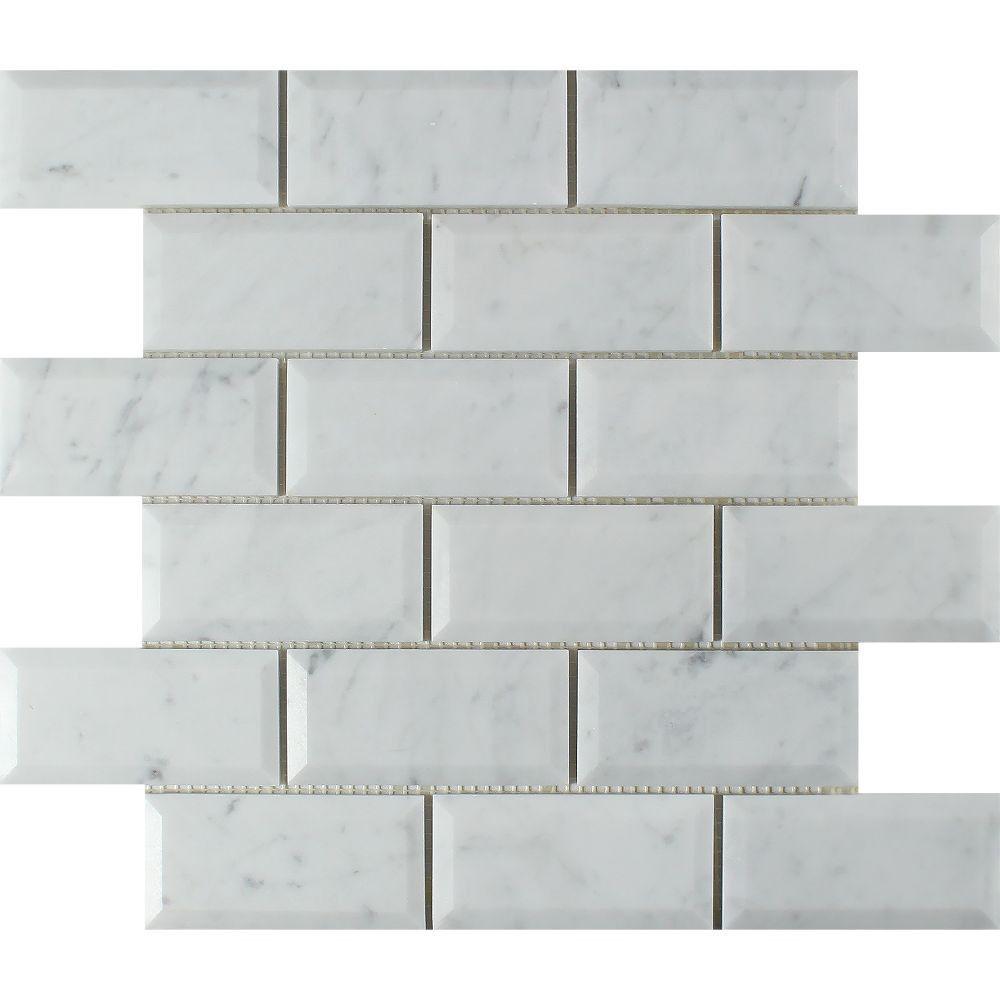 2 x 4 Honed Bianco Carrara Marble Deep-Beveled Brick Mosaic Tile