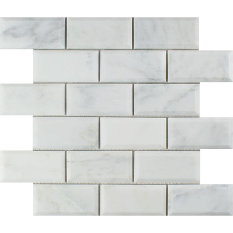 2 x 4 Honed Oriental White Marble Deep-Beveled Brick Mosaic Tile
