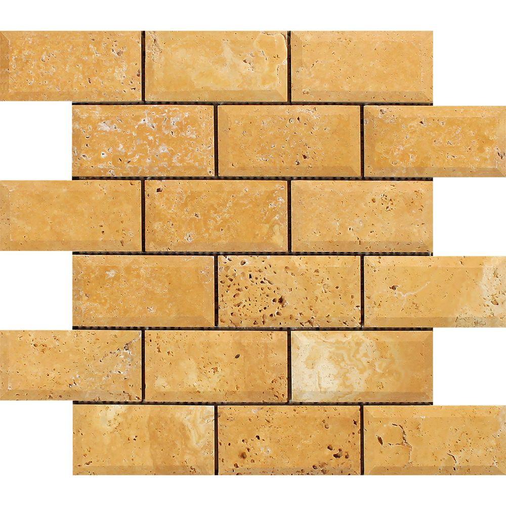 2 x 4 Honed Gold Travertine Deep-Beveled Brick Mosaic Tile
