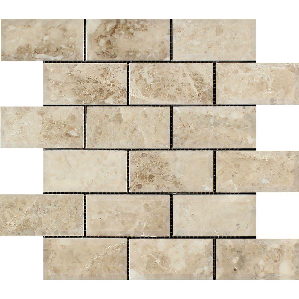 2 x 4 Polished Cappuccino Marble Deep-Beveled Brick Mosaic Tile
