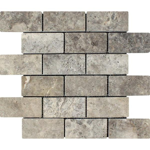 2 x 4 Tumbled Silver Travertine Brick Mosaic Tile
