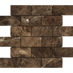 2 x 4 Tumbled Emperador Dark Marble Brick Mosaic Tile