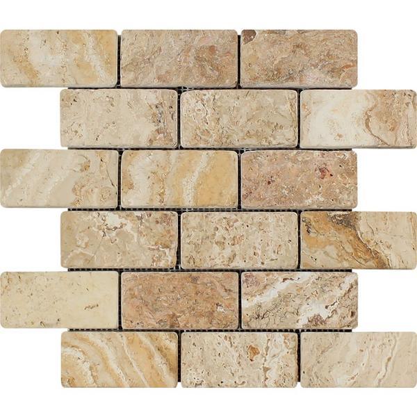 2 x 4 Tumbled Valencia Travertine Brick Mosaic Tile
