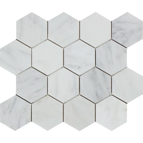 3 x 3 Polished Oriental White Marble Hexagon Mosaic Tile