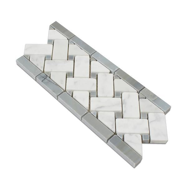 4 3/4 x 12 Honed Bianco Carrara Marble Basketweave Border w/ Blue-Gray Dots