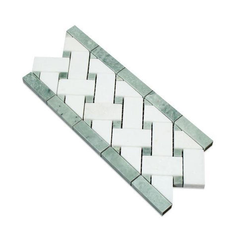 4 3/4 x 12 Polished Thassos White Marble Basketweave Border w/ Ming Green Dots