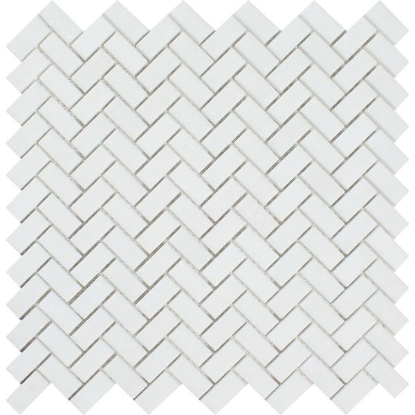 5/8 x 1 1/4 Honed Thassos White Marble Mini Herringbone Mosaic Tile