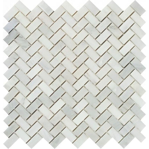 5/8 x 1 1/4 Polished Oriental White Marble Mini Herringbone Mosaic Tile