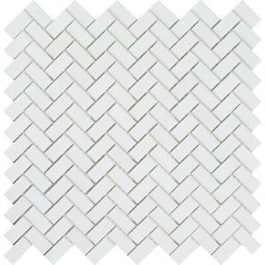 5/8 x 1 1/4 Polished Thassos White Marble Mini Herringbone Mosaic Tile