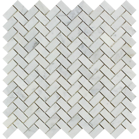 5/8 x 1 1/4 Honed Bianco Carrara Marble Mini Herringbone Mosaic Tile