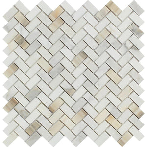 5/8 x 1 1/4 Polished Calacatta Gold Marble Mini Herringbone Mosaic Tile