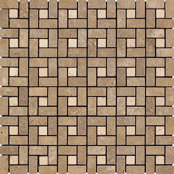 5/8 x 1 1/4 Tumbled Noce Travertine Mini Pinwheel Mosaic Tile w/ Ivory Dots