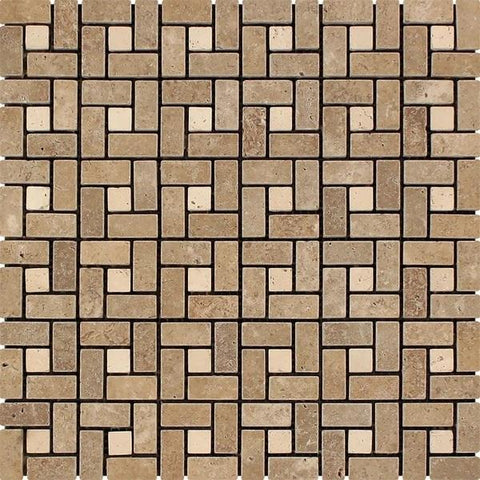 5/8 x 1 1/4 Tumbled Noce Travertine Mini Pinwheel Mosaic Tile w/ Ivory Dots