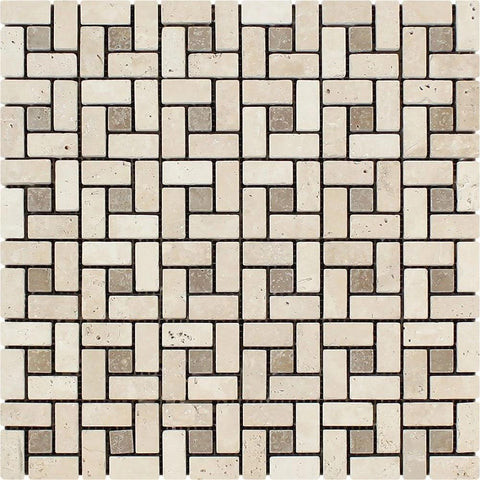 5/8 x 1 1/4 Tumbled Ivory Travertine Mini Pinwheel Mosaic Tile w/ Noce Dots